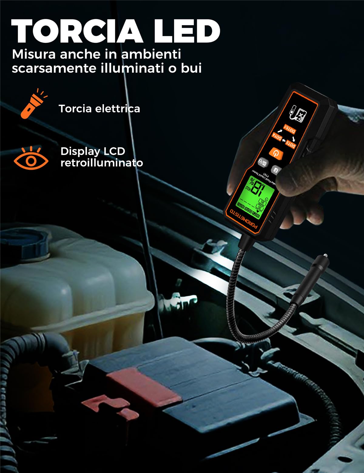 FT01 Tester per Liquido Freni Professionale con Sonda Anticorrosione e Sensibile per DOT3 DOT4 DOT5.1, Display LCD con Retroilluminazione, Tester Liquido Freni Professionale