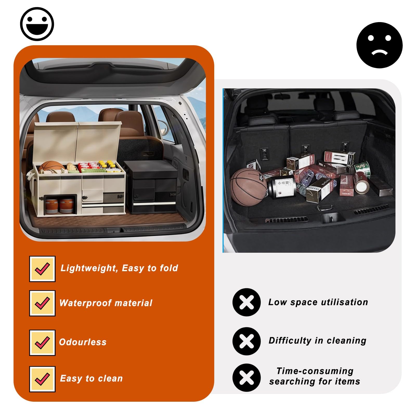 Organizador de maletero plegable con bolsa de carga impermeable, asas reforzadas para un almacenamiento eficiente, ideal para viajes y uso utilitario