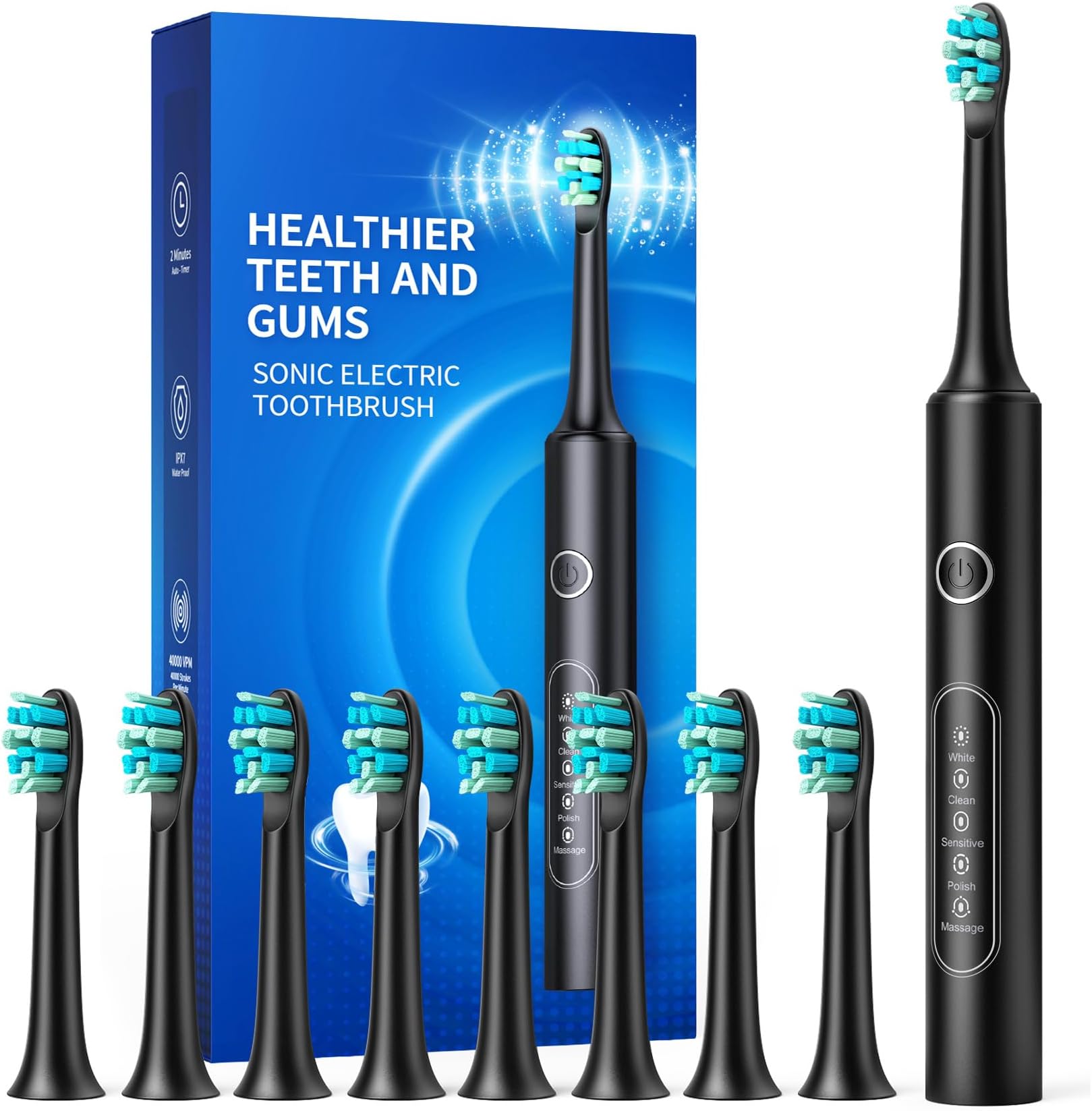 Electric Toothbrushes with 8 Replacement Brush Heads and 5 Brushing Modes,40,000vpm,Electric Toothbrush for Adults and Kids with 60 Days Battery Life,2 Minute Smart Time(Black)