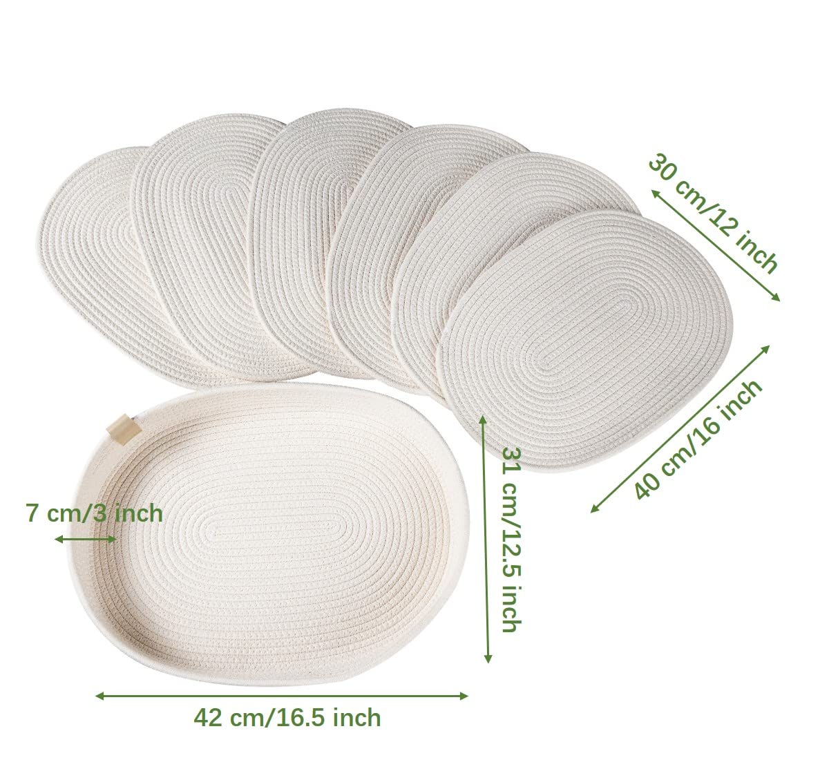 ART pinecone Cotton Rope Woven Placemats 16 * 12 inches Oval Hot Pads Hot Mats Set of 6, and 1 Storage Basket for Holiday Table Decor (16 * 12, Off White)