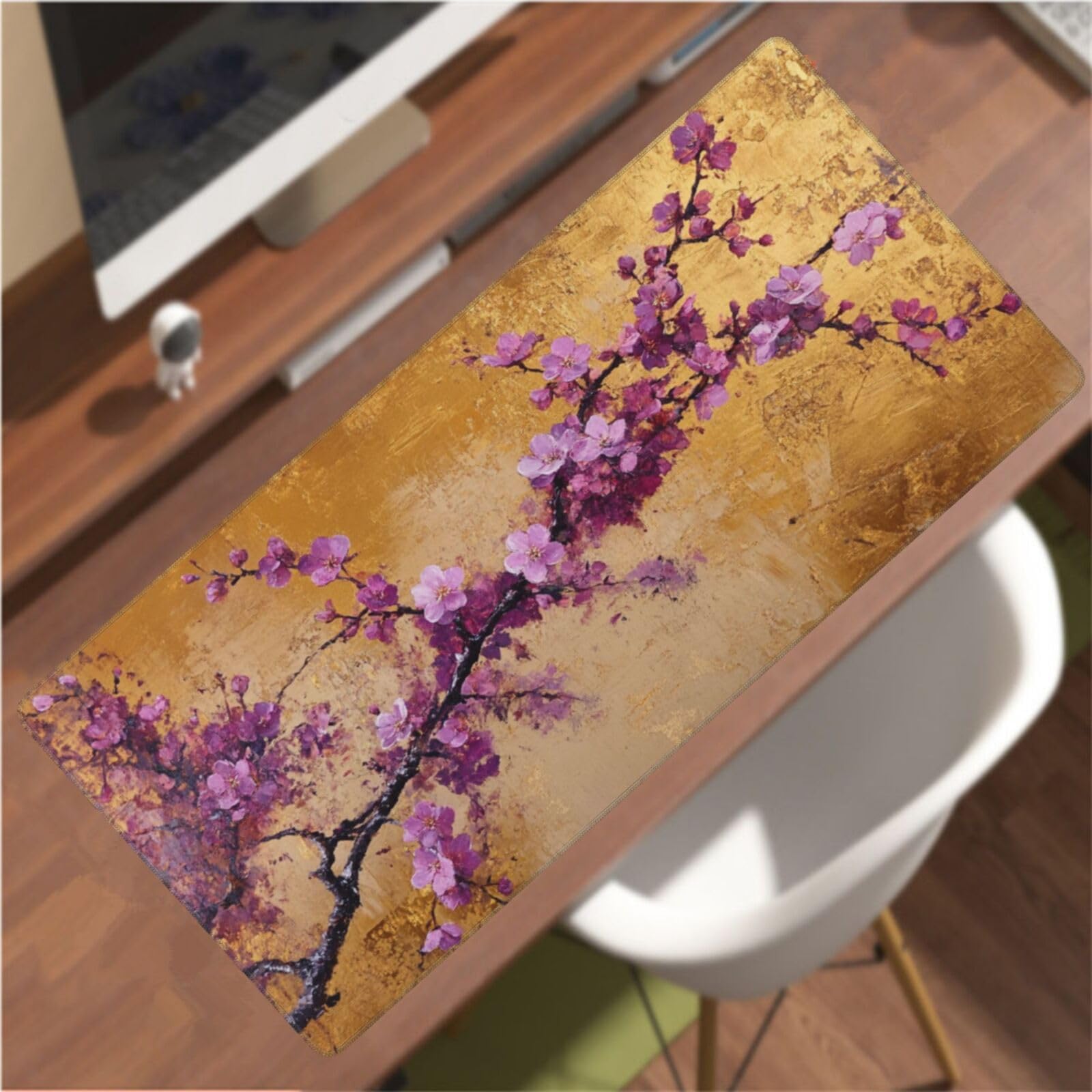 Tappetino Mouse XXL Fiore & Viola, 100 x 50 cm Tappetino da Scrivania G452 | Tappetino per Mouse, Base in Gomma Antiscivolo, Superficie Impermeabile, Bordi Cuciti, Tappetino Scrivania per Ufficio, Gioco