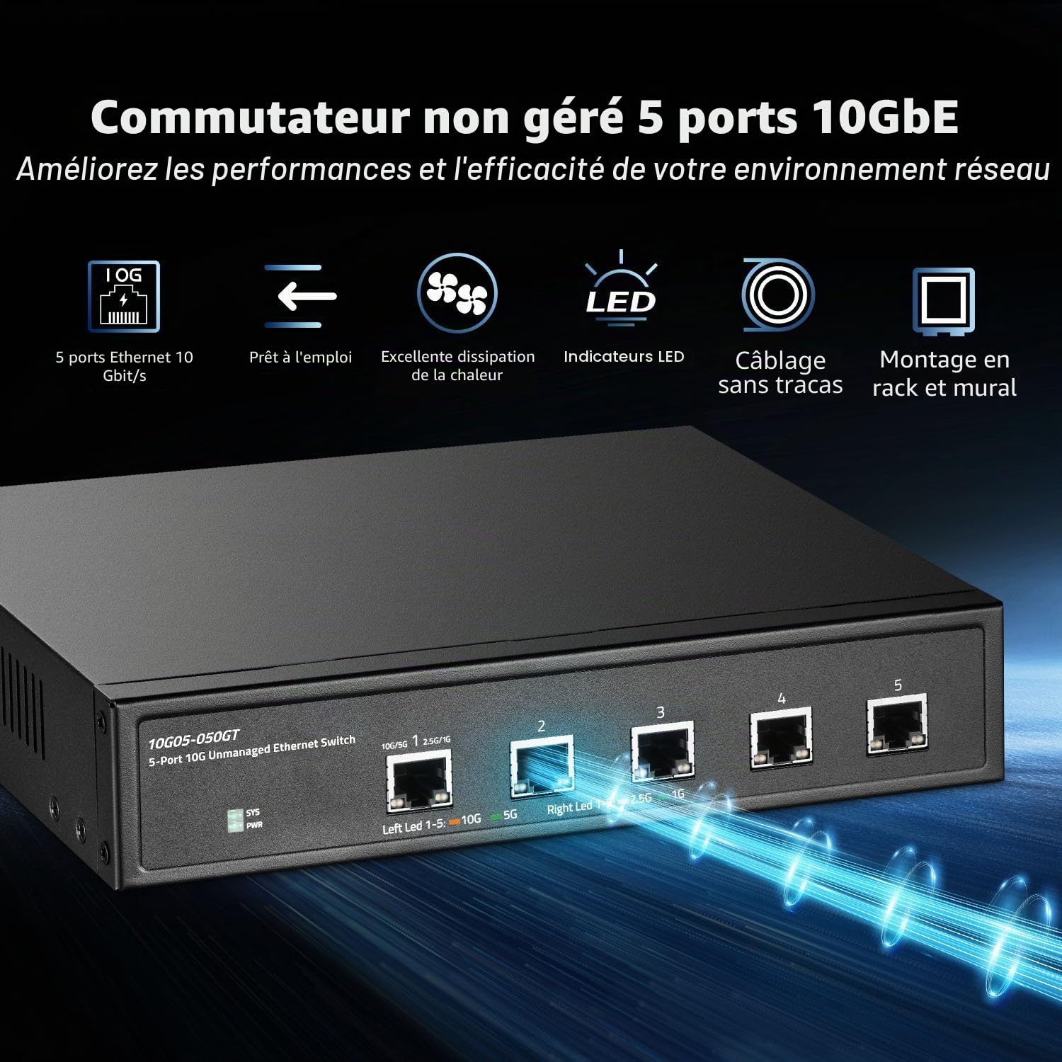 Commutateur non géré 5 ports 10 Gigabit, Ethernet RJ45 5 x 10G, prend en charge 1G/2.5G/5G/10G, bande passante 160 Gbit/s, commutateur réseau Binardat de bureau en métal, pour jeux, NAS, petites