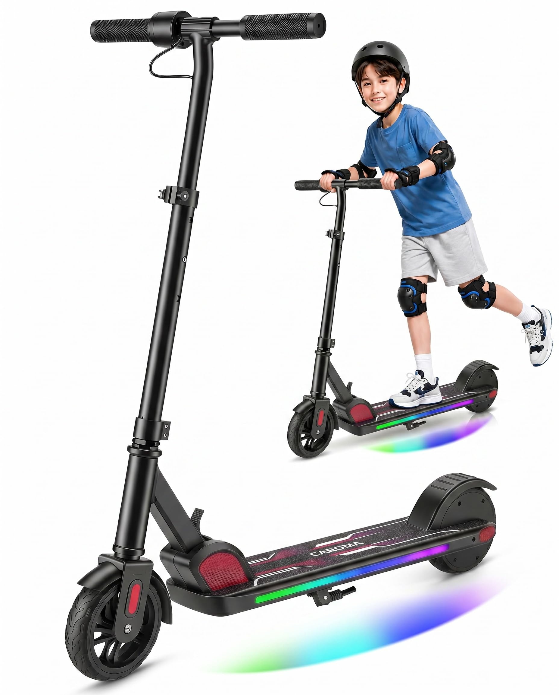 Caroma Elektroroller für Kinder von 6-12 Jahren, 150W Motor bis 16 km/h E Scooter, Faltbarer E Roller mit Bunte Leuchten  LED-Display，80 Min. Fahrzeit, Einstellbare Geschwindigkeit  Höhe