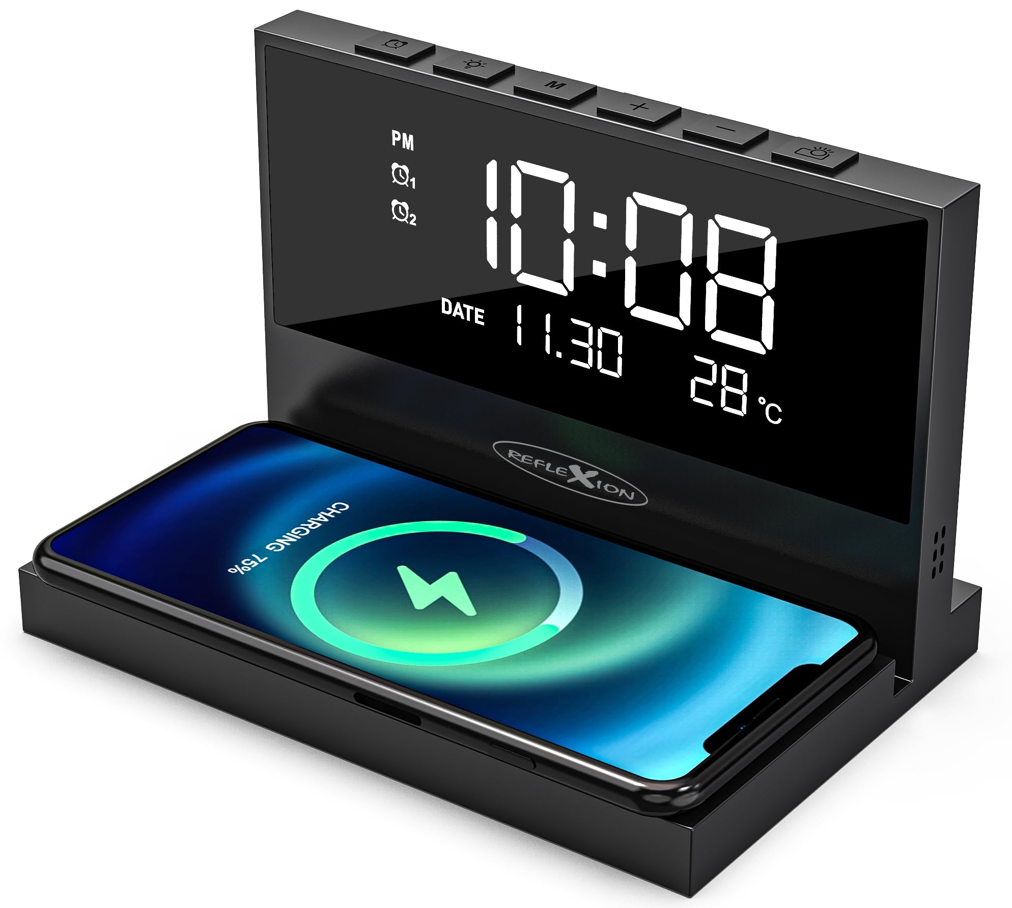 Reflexion ACW2188 Wireless Charger, stazione di ricarica per smartphone, sveglia con caricatore senza fili, grande display per ora, data e temperatura, 2 sveglie, luce notturna, funzione di ricarica