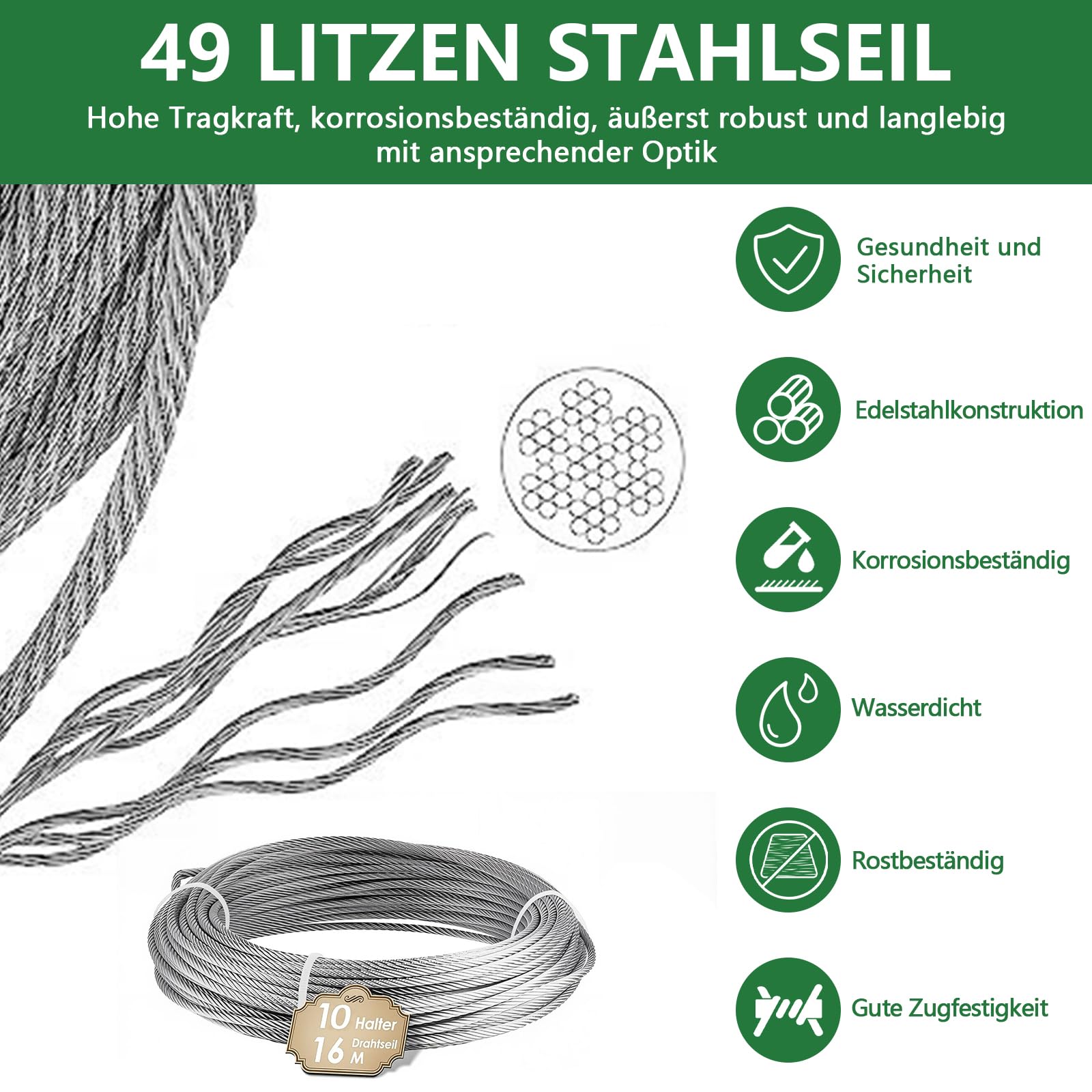 Rankhilfe Metall Edelstahl für Kletterpflanzen, 16m Kletterhilfe Stahlseil | Rankhilfe Wand Pflanzen Set mit 3 mm Durchmesser Seil&10 Halter, Rankgitter Ddelstahl Seilsystem für Garten/Mauer/Beton/Zaun