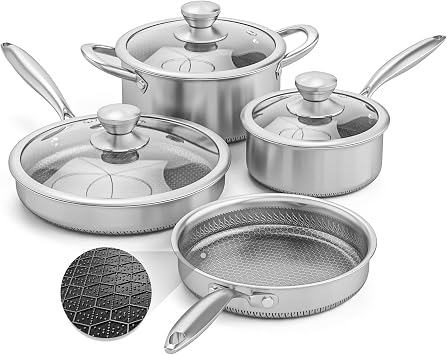 AuFranc Hybrid Nonstick Stainless Steel Pots and Pans Set, Induction Cookware Set with Tempered Glass Lids, Non-stick Pot and Pan Set Suitable for All Cooktops, Non-Toxic, Dishwasher & Oven Safe