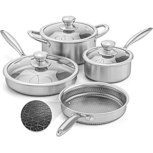AuFranc® Hybrid Nonstick Stainless Steel Pots and Pans Set, Induction Cookware Set with Tempered Glass Lids, Non-stick Pot and Pan Set Suitable for All Cooktops, Non-Toxic, Dishwasher & Oven Safe