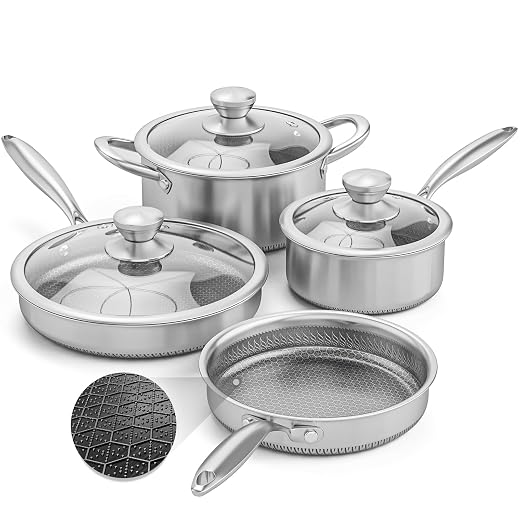 AuFranc® Hybrid Nonstick Stainless Steel Pots and Pans Set, Induction Cookware Set with Tempered Glass Lids, Non-stick Pot and Pan Set Suitable for All Cooktops, Non-Toxic, Dishwasher & Oven Safe