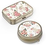 Pill Organizer Pill Box with Mirror Retro Small Pill Case for Purse or Pocket Bronze Pill Box or Vitamins, Fish Oil, Supplements, Pill Containe Travel Gifts2PCS-Retro Pink Floral