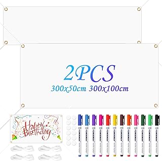 2 Set Leeres Banner Selbst Gestalten, Lang Banner Personalisiert 300×50cm + 300×100cm mit 2pcs 6m Hängendem Seil, 12 Textilstifte in Verschiedenen Farben & 2 Aufkleber-Set, DIY Werbebanner zum Bemalen