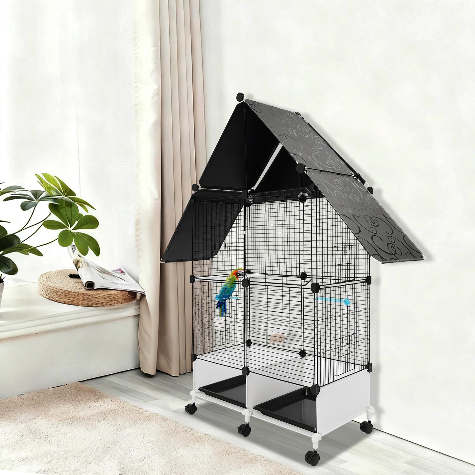 Jaula grande para pájaros, 74 x 37 x 126 cm, 74 x 37 x 163 cm, comedero y agua, jaula grande para pájaros con ruedas, puede empresas pequeñas y medianas (74 x 37 x 126 cm), color negro