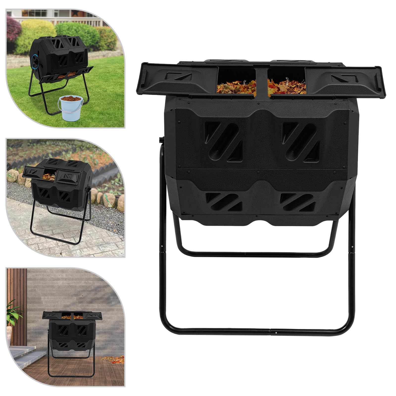 Kompostownik z podwójną komorą, obrotowy pojemnik na kompost, 160 l, kompostownik kuchenny, kompostownik na odpady kuchenne i rośliny, 70 x 60 x 93 cm