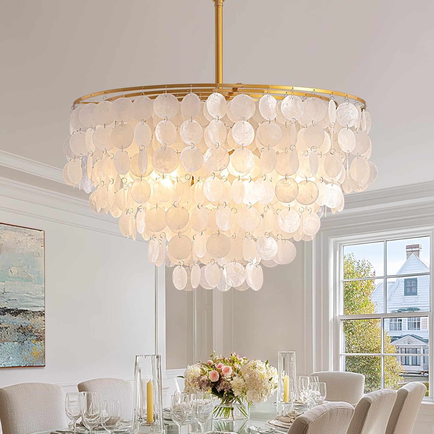 24" Capiz Shell Chandelier, Gold Coastal Ceiling Light with Adjustable Chain, 7-Light E12 Hanging Fixture for Dining Room Kitchen Living Room Bedroom Foyer Entryway