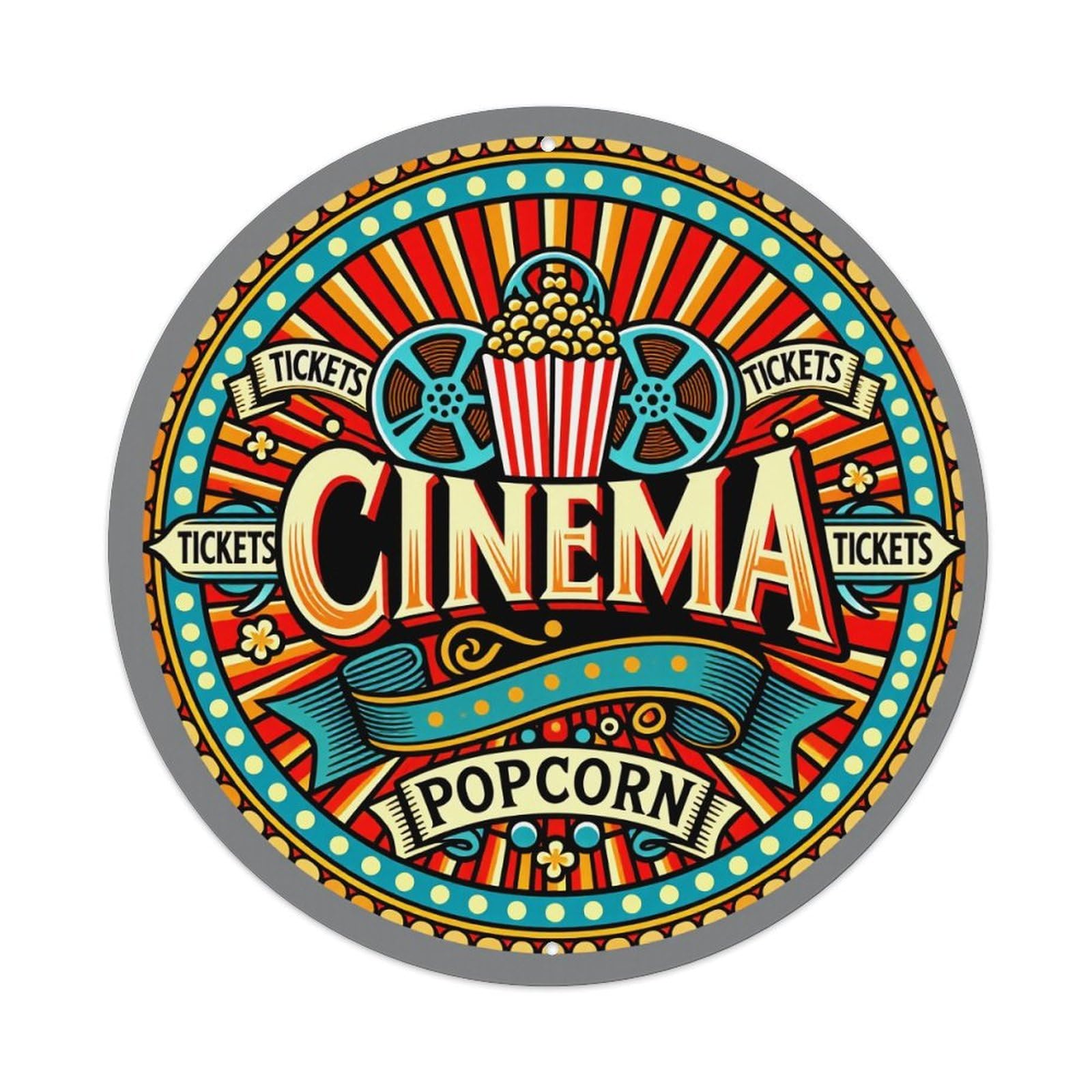 Cinema Popcorn Tickets Film Reel Round Tin Sign Vintage Metal Poster Retro Bar, Home, Man Cave, Kitchen, Laundry Room Wall Art Decor Gift 8x8Inch