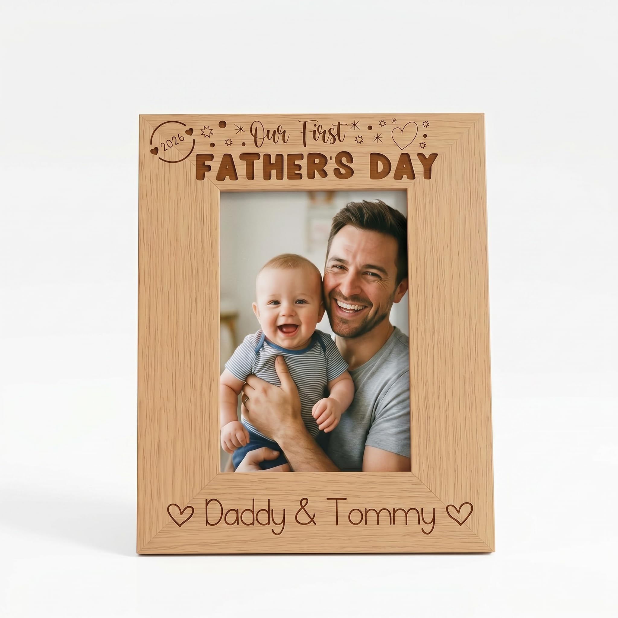 Personalised Our first Fathers Day Photo Frame Oak wood finish Portrait (4 x 6 Inch)