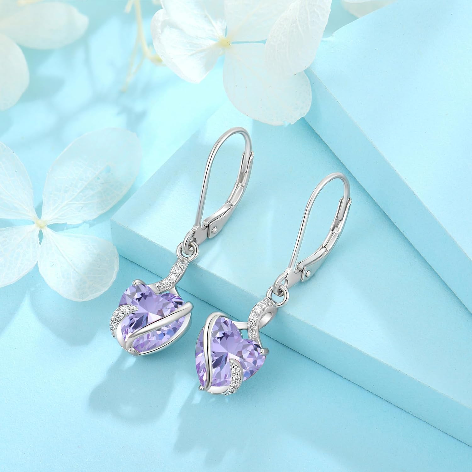 FJ Heart Dangle Drop Earrings 925 Sterling Silver Infinity Leverback Earrings Birthstone Jewelry for Women - Image 4