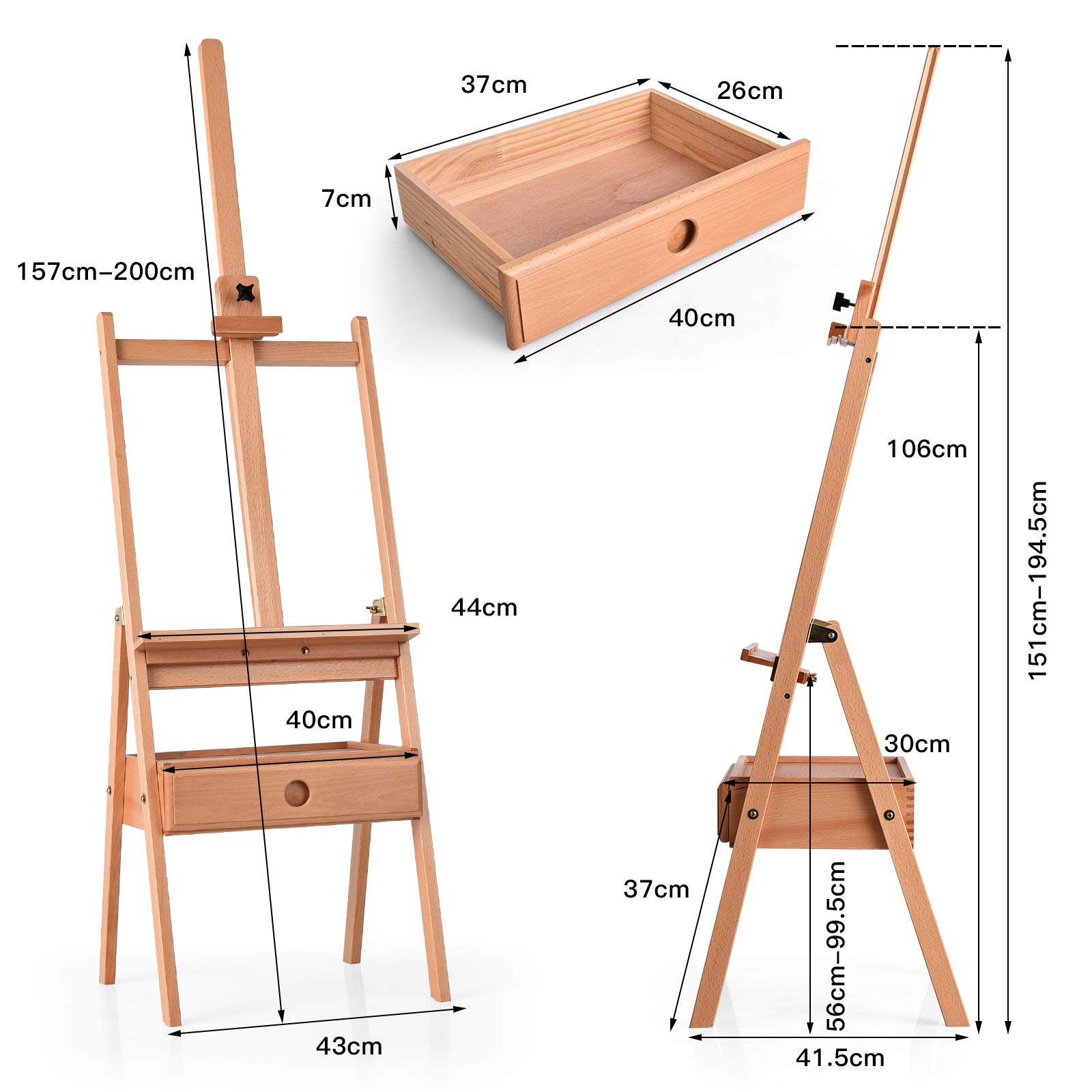 COSTWAY Cavalletto Pittura Legno con Cassetto e Vassoio, Cavalletto Disegno per Dipingere, Pittore Altezza Regolabile, 44x44x(149,5-193,5) cm