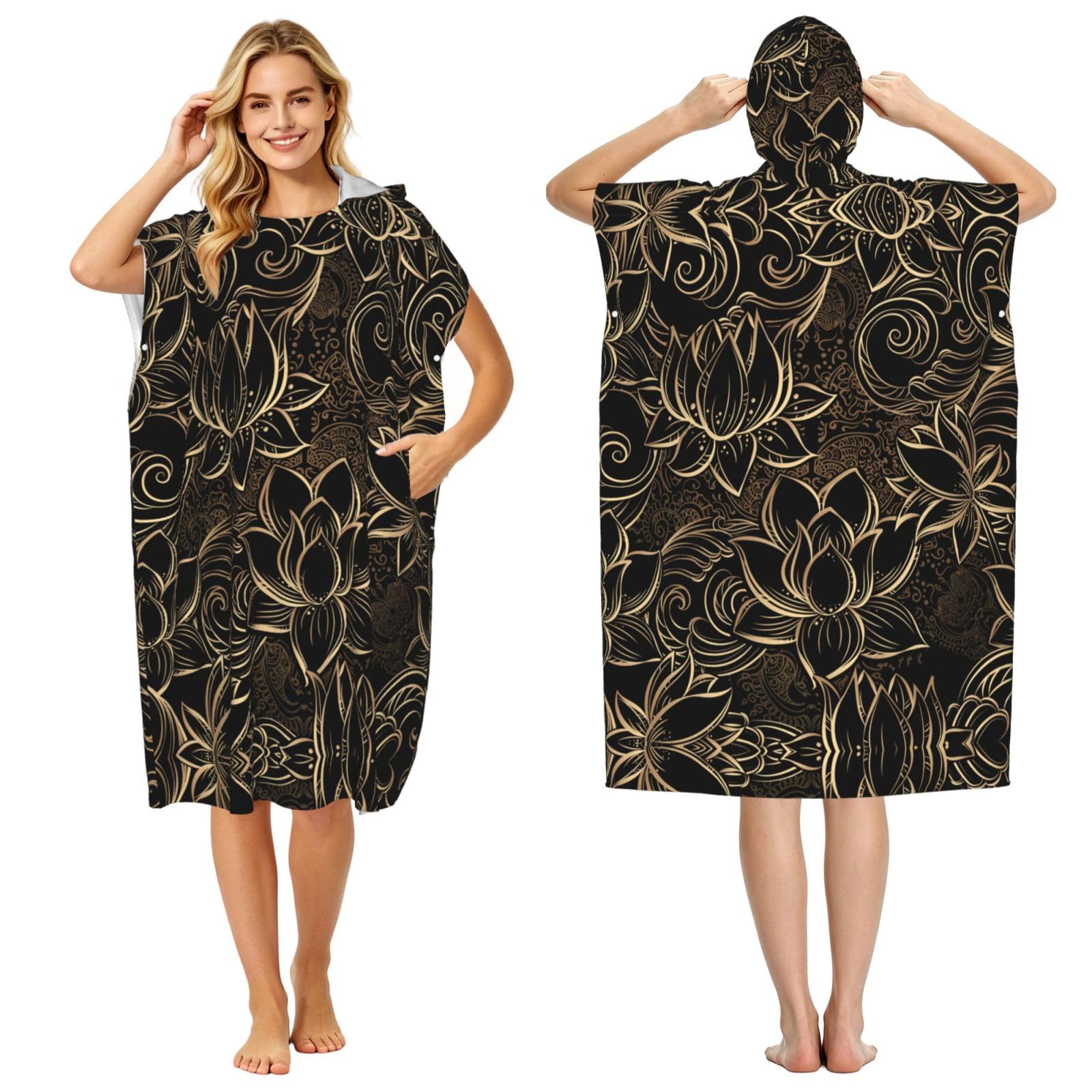 Peignoir à capuche bohème lotus doré poncho éponge adulte pour la piscine