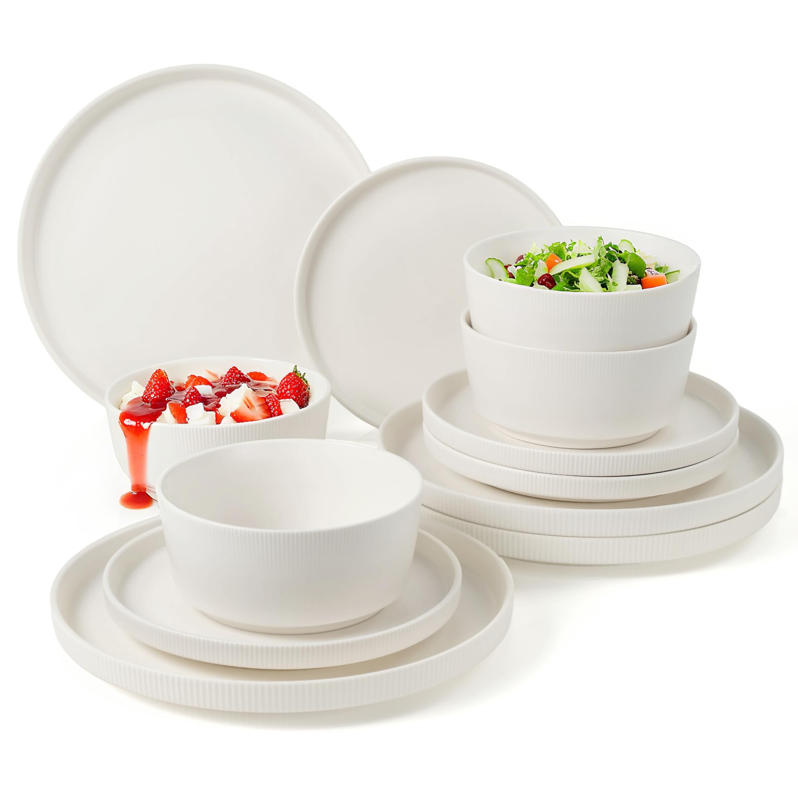 Jiwoo Geschirrset & Tafelservice 12 tlg für 4 Personen Bone China | Modern Bone China – 4 Speiseteller, 4 Dessertteller & 4 Schüsseln, leicht, robust, mikrowellen- & spülmaschinengeeignet