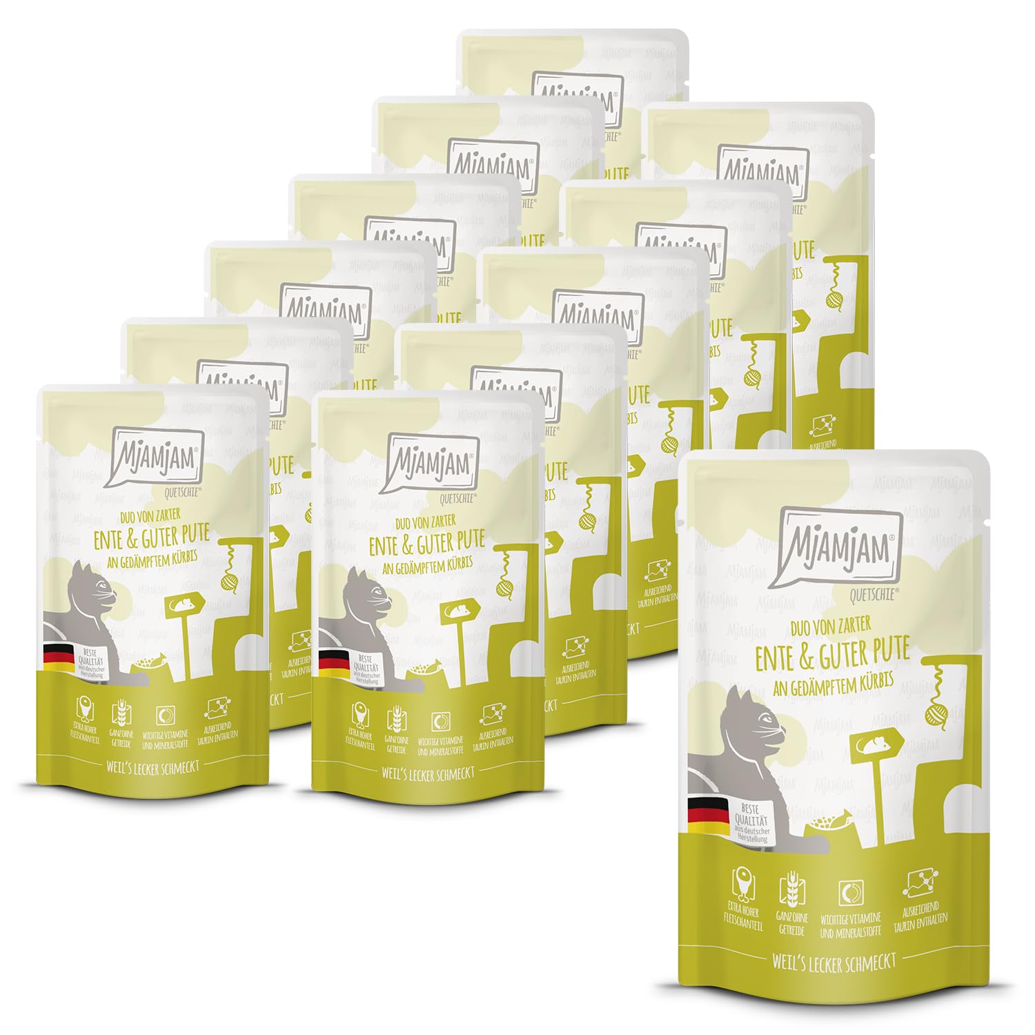 MjAMjAM - Comida húmeda Premium para Gatos - Quetschie - Duo de Pato tierno y Pavo de Calidad sobre Calabaza al Vapor, Pack de 12 (12 x 125g), sin Cereales con Extra de Carne