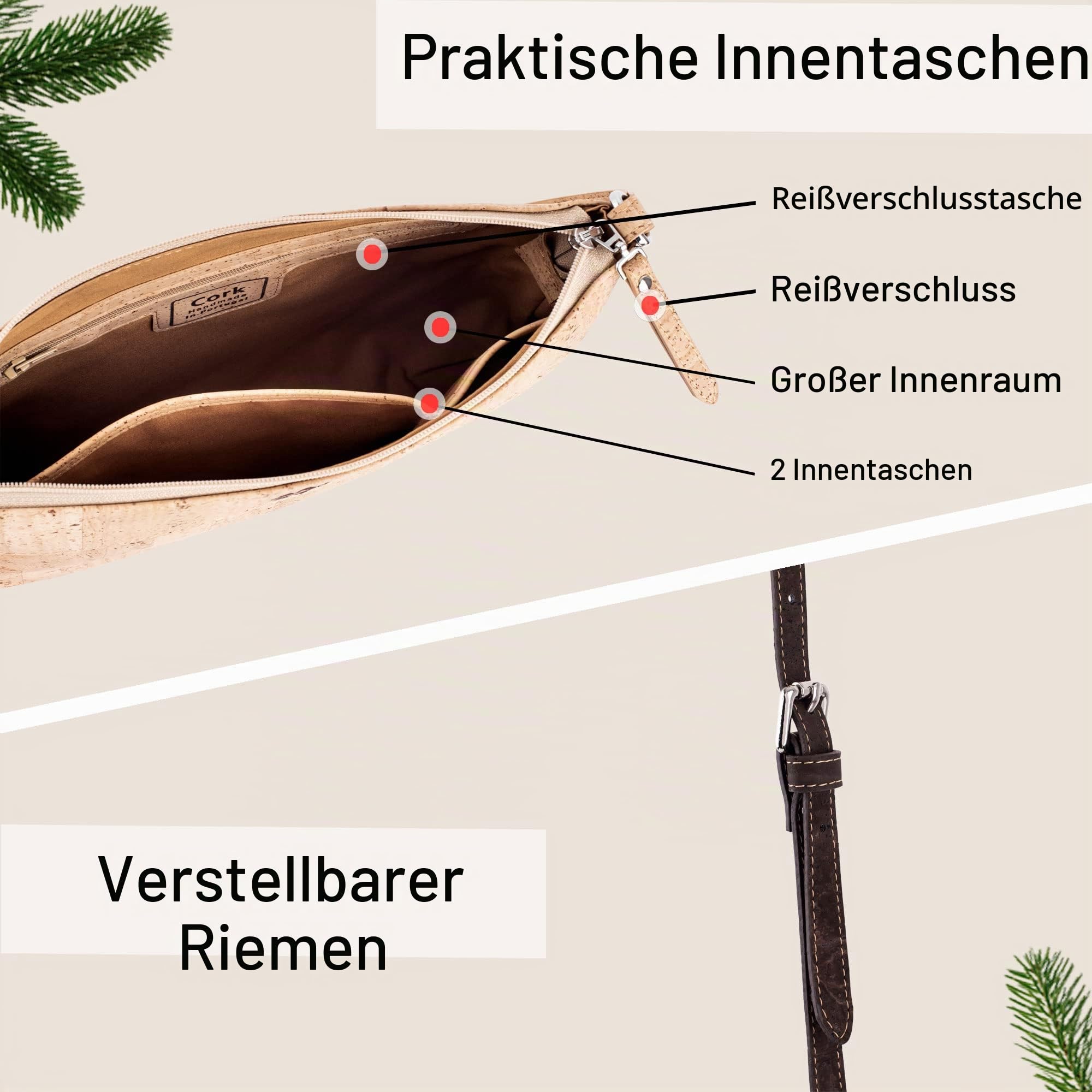 Corkor Vegane Umhängetasche Damen Geldbeutel Schultertaschen Handtasche Schulter Natur-Leder Natur Korkleder