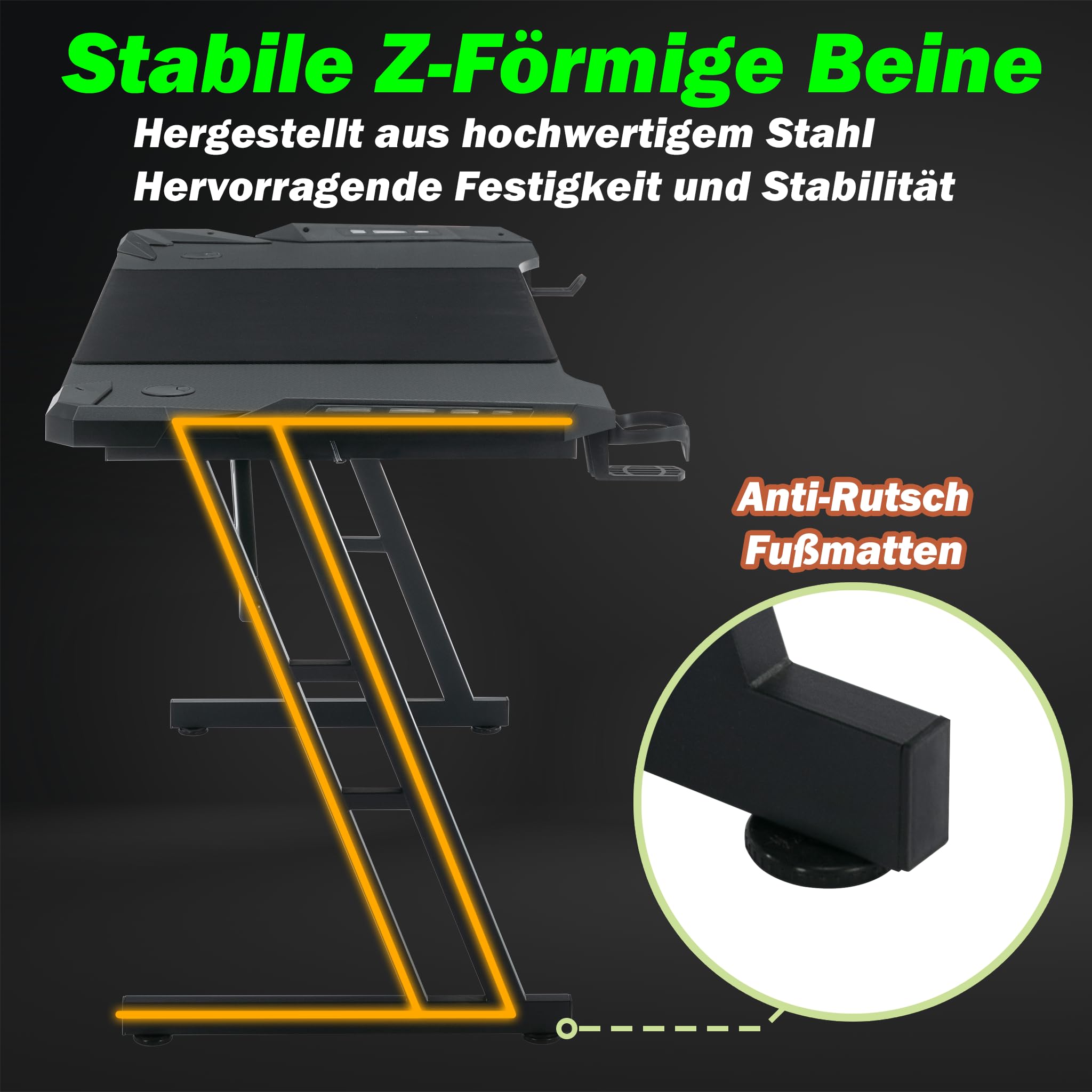 HLFURNIEU LED Ergonomisch Gamingtafel 160 x 60 cm, Gamingbureau met Oppervlakte Koolstofvezel, Speeltafel met Bekerhouder en Hoofdtelefoonhaak, Gamertafel Zwart