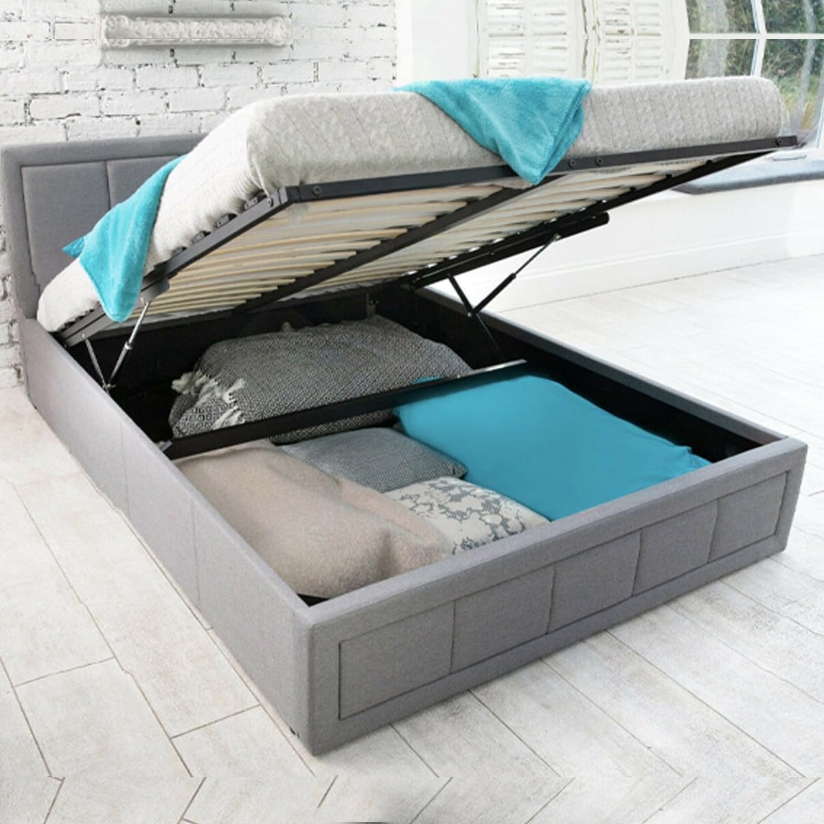 SANA SLEEP Ottoman Bed Frame - Fabric Storage Upholstered Double Bed - Gas Lift Bed Base in Small Double King Super King Size - No Mattress (4FT6 PLUSH BLACK)