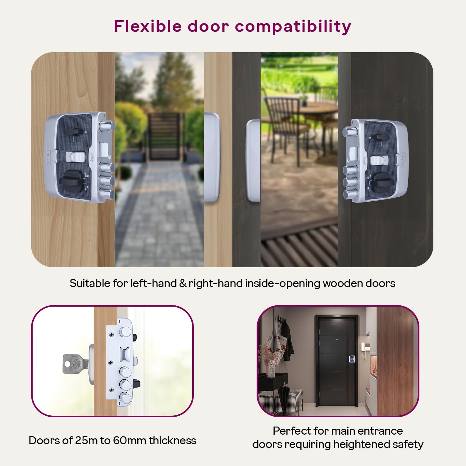 Godrej Rim Lock I Pentabolt Aries 3KS I 5 Bolts I 1CK Latchbolt I for Main Door I for Inside Opening Door l Left/Right Handed Doors I 4Keys I 15Year Warranty I Automatic Locking I Roman Silver Finish — Amazon image 8