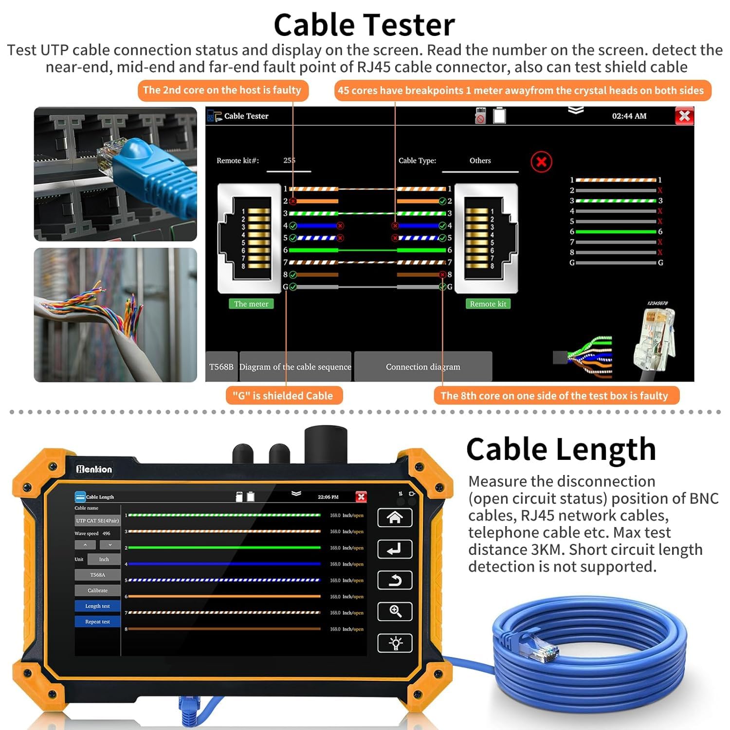 Henkion OTDR Testeur de fibre optique 1610 nm 26 dB 1310/1490/1550/1577 nm Testeur de fibres vivantes, OPM, LS, OLS, carte d'événement, testeur de câble, 8 styles d'adaptateurs de fibre (RSO-50)