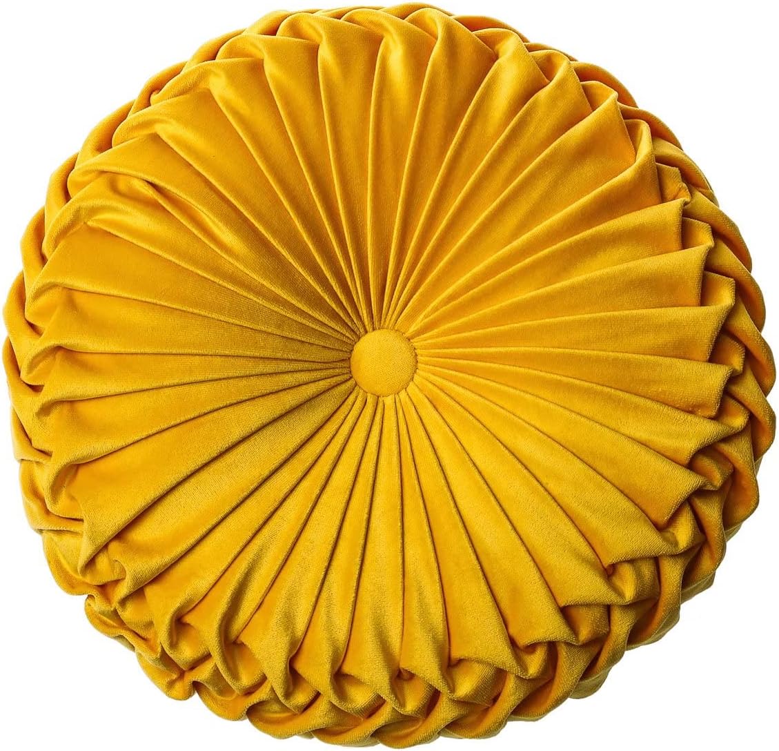 Round Velvet Pillow for Couch Small Handmade Decorative Throw Pillow for Bed Bedroom 13.7” Yellow