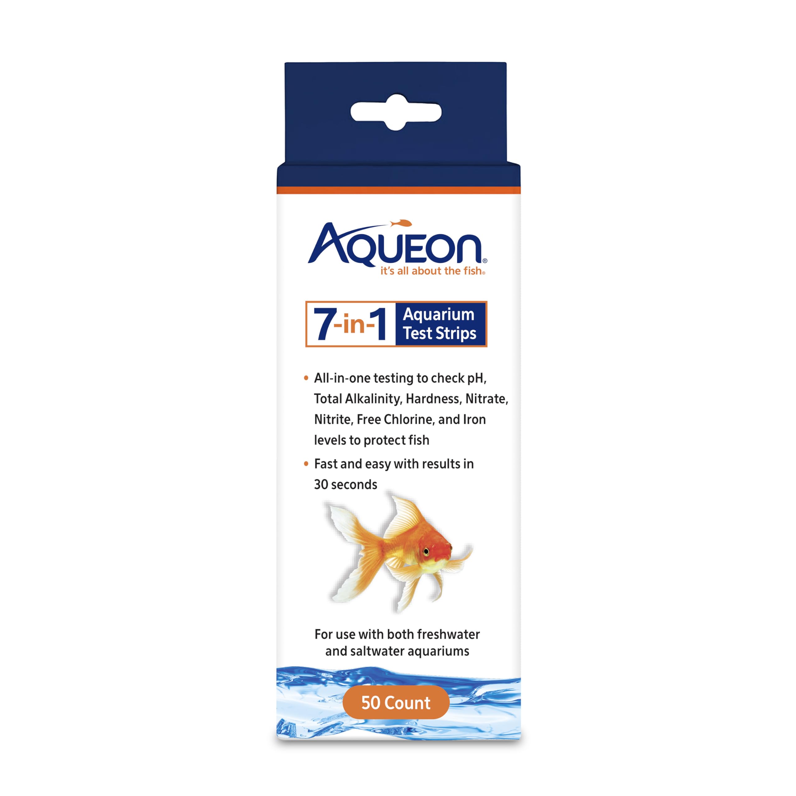 Aqueon 7-in-1 Aquarium Test Strips, Fast Results for pH, Total Alkalinity, Hardness, Nitrate, Nitrite, Free Chlorine and Iron Levels, for Freshwater and Saltwater, 50 Count