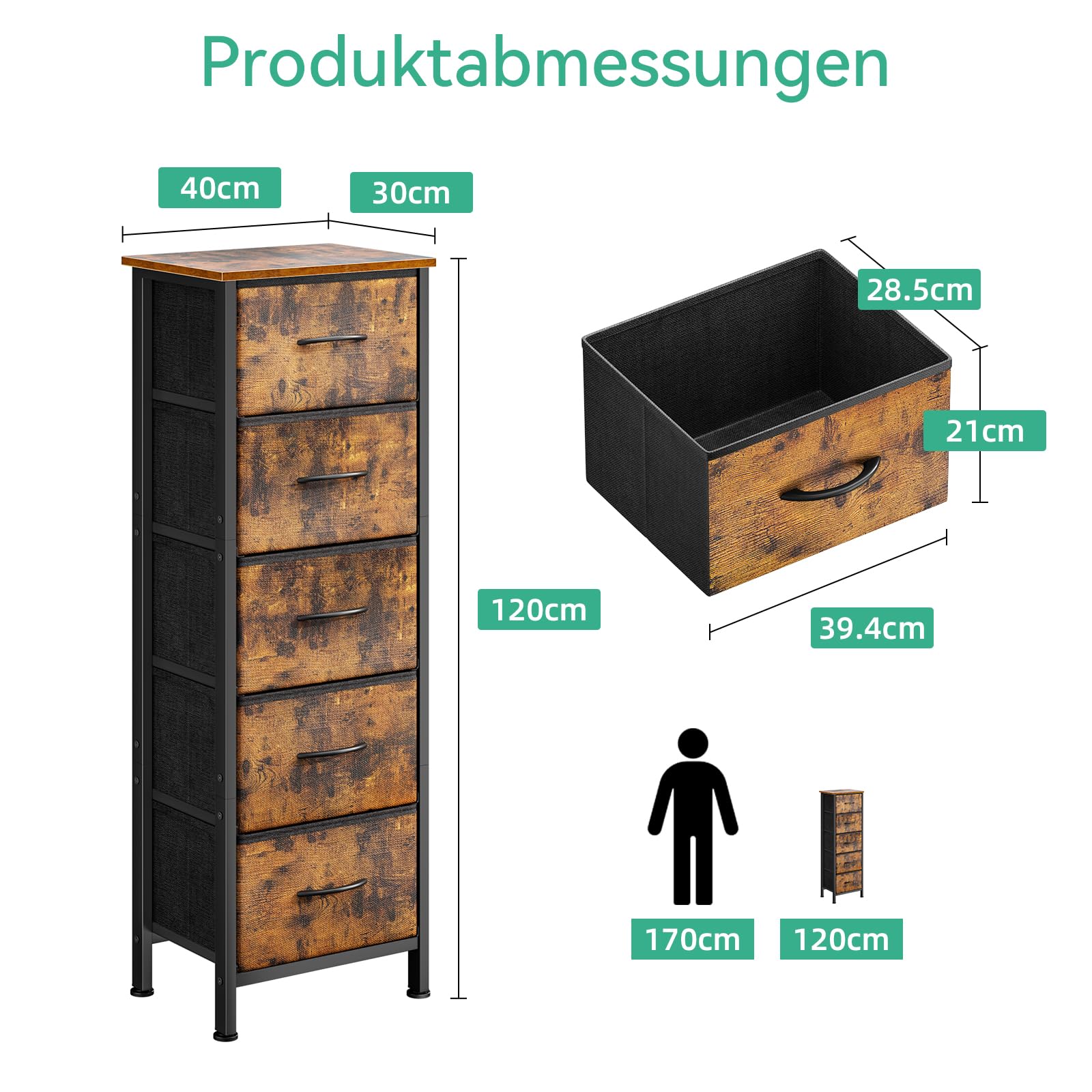 Coleshome Schmale Kommode mit Schubladen, Kleine Kommode mit 5 Schubladen, mit Stoffschublade, Stabiler Stahlrahmen, Holzplatte, Geeignet für Schlafzimmer und Wohnzimmer, Vintage