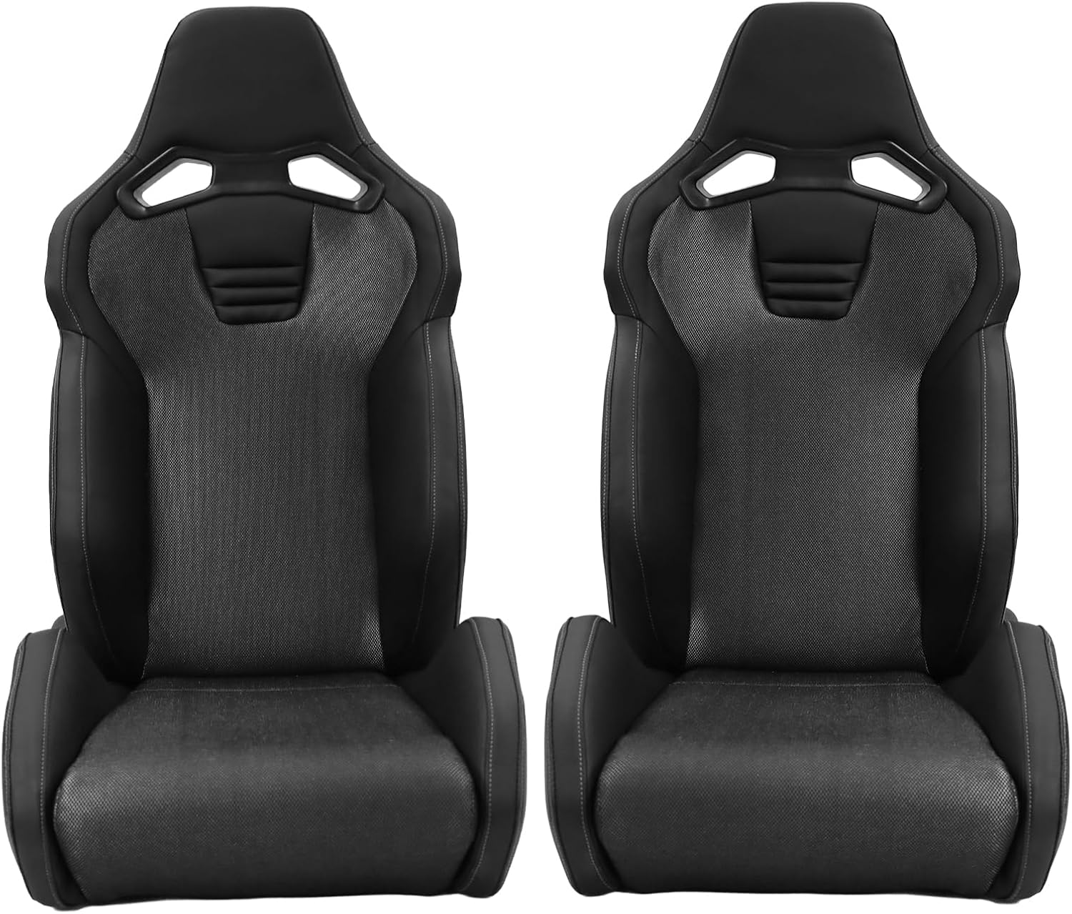 FREEMOTOR802 Reclining Sim Racing Seats, Universal Car Sport Seats with Dual Lock Sliders, PU & Shining Mesh Fabric & Carbon Fiber Leatherette Cover, Steel Frame & Molded Padding, 1 Pair, Black & Gray