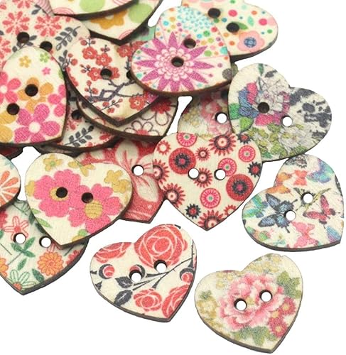 AKOAK Paquete de 50 botones de madera con forma de corazón de melocotón y 2 agujeros, 0.984 in, estampado de flores, botones de costura de madera,