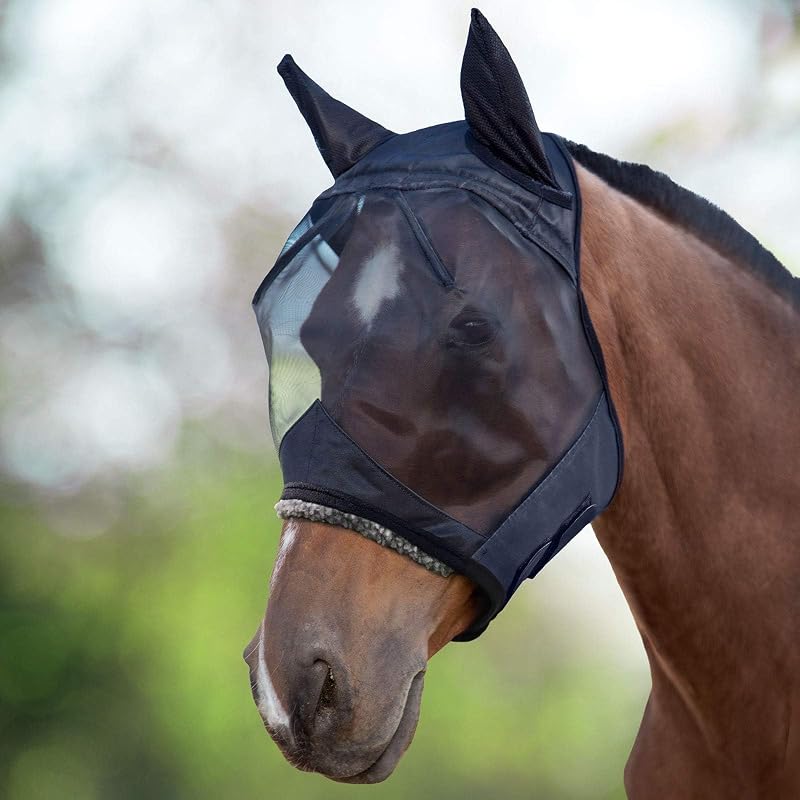Máscara contra moscas para cavalos Harrison Howard com tela fina e forro de fleece, preta, Full (Large)