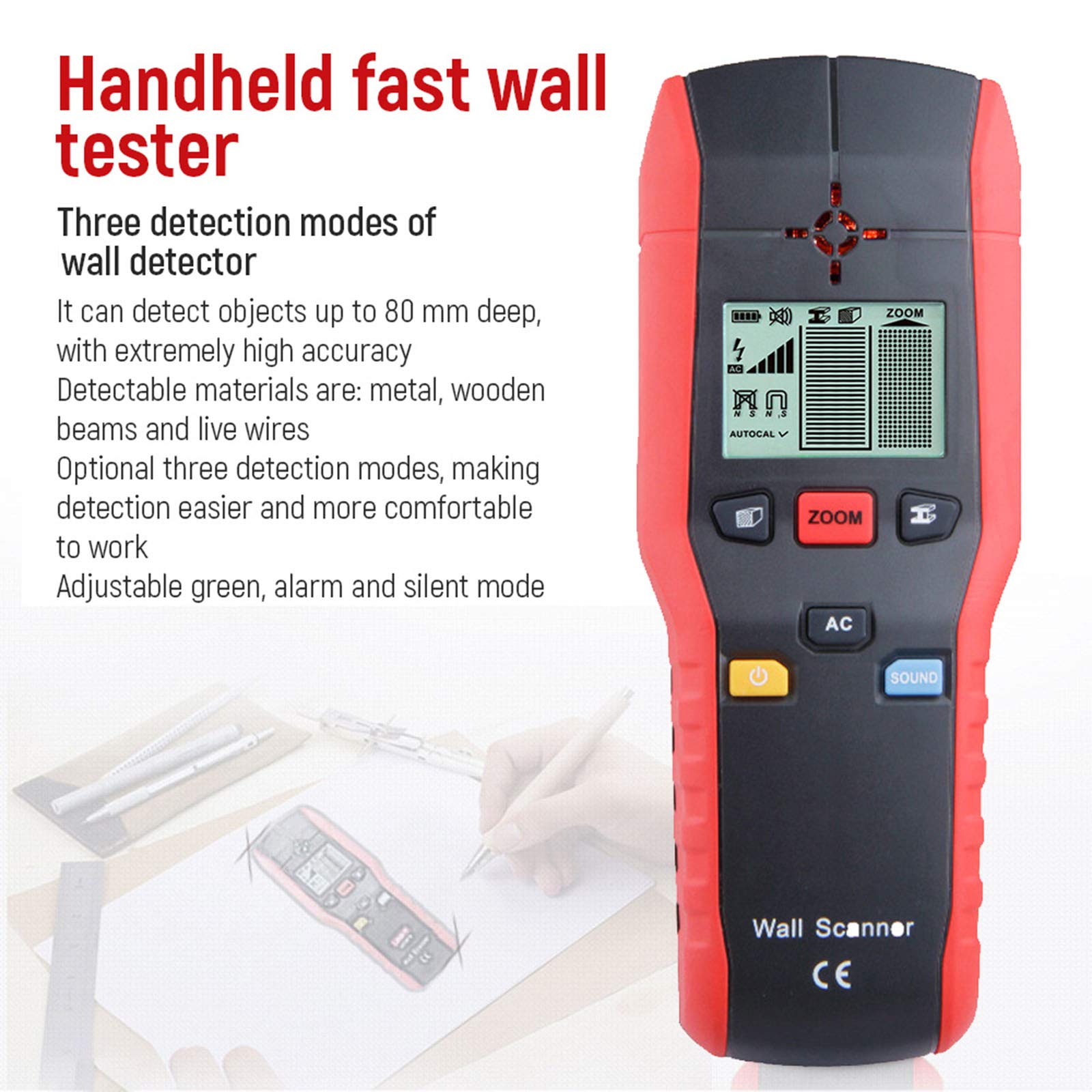 Detector de Pared de Mano Multifuncional, probador de Pared Buscador de Cable de CA de Madera de Metal Escáneres de Pared Pantalla LCD Detector de Cable en Vivo