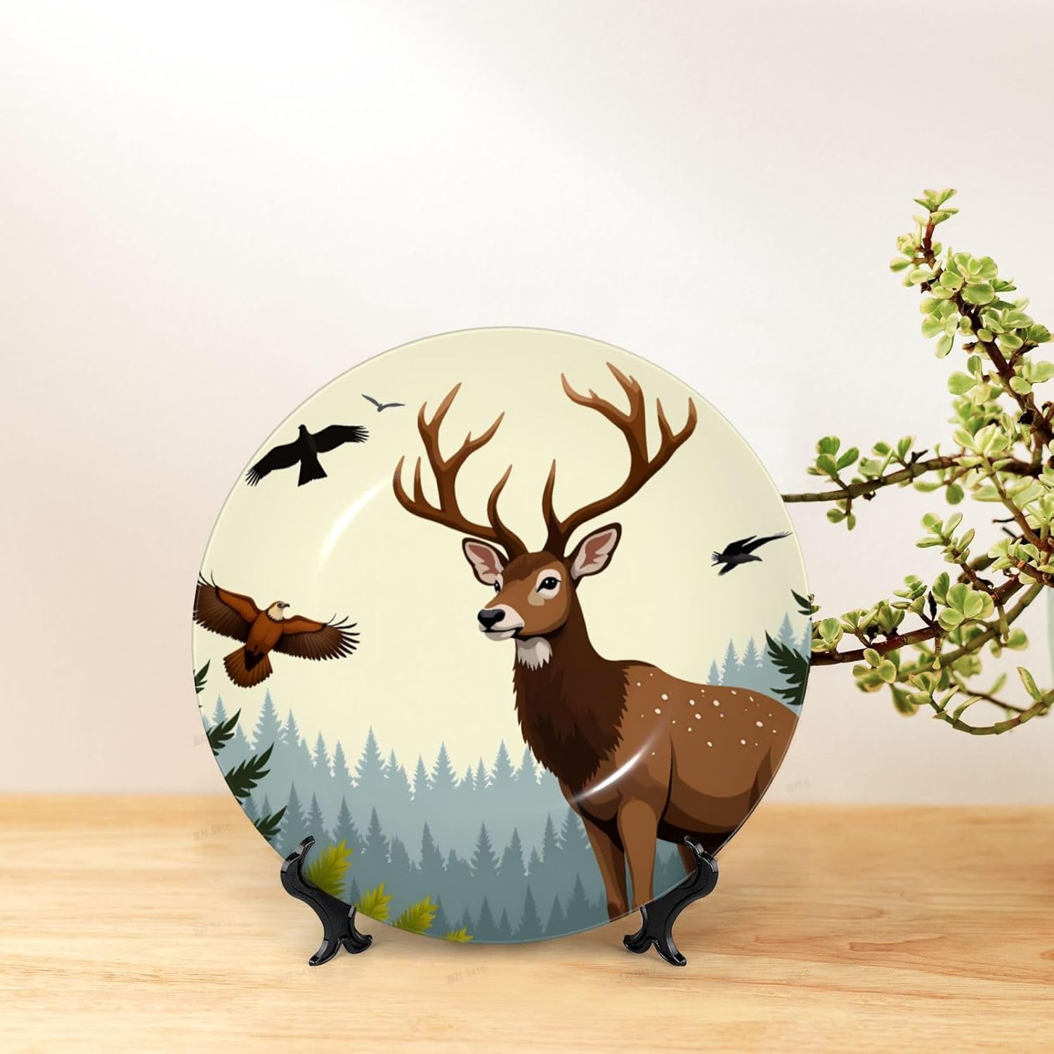 Deer And Birds Forest Style Ceramic Plate Display Decorative Plate With Stand Wall Hanging Plate For Home Decor 10 Inch