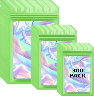 300 Pcs Holographic Mylar Bags, 3 Size Smell Proof Bags, Green | Zipper Foil Pouches with Clear Window, Resealable Packaging Bags for Small Business Jewelry Treat and Food Storage