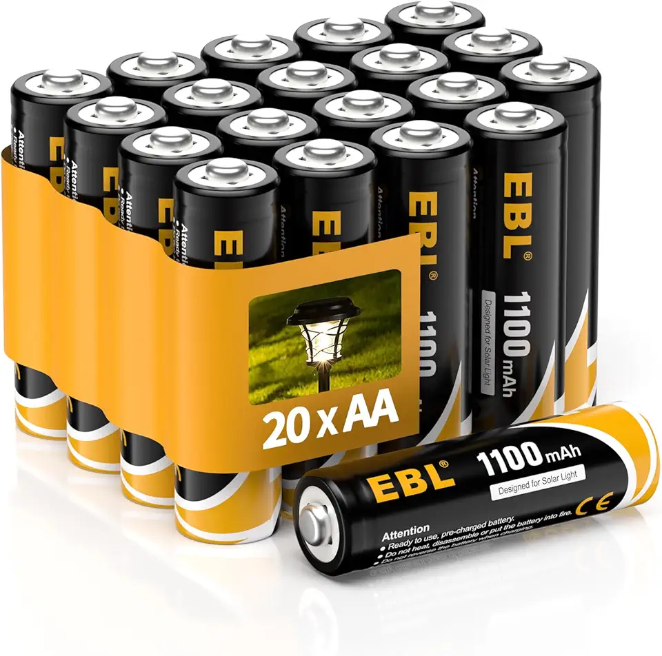 EBL 1100mAh Solar AA Batteries for Outdoor Solar Lights Garden Lights Household Devices, Pre Charged...
