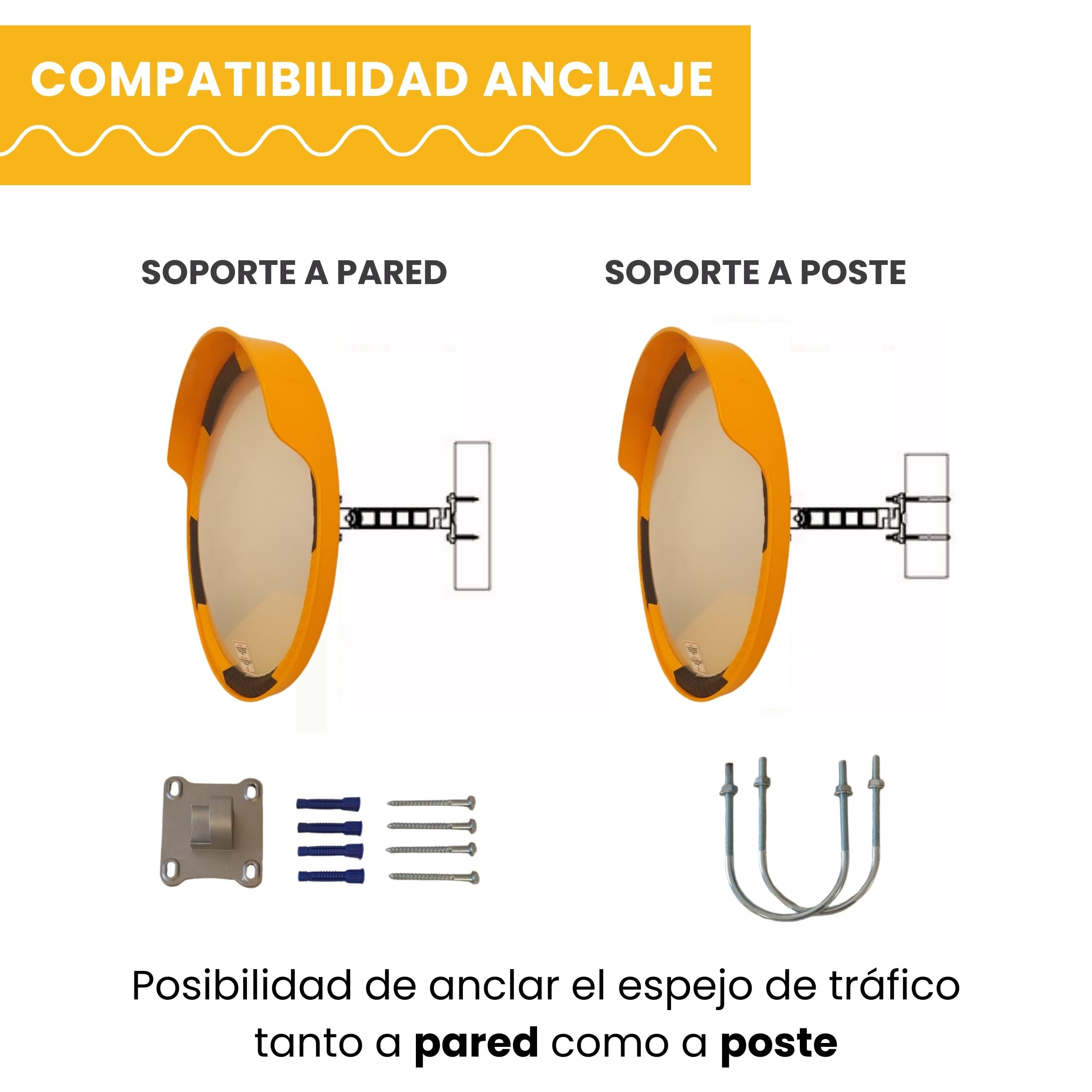 PARKING FACIL | Espejo de Tráfico Convexo de Seguridad con Marco | Tamaño: Ø 80 cm | Color Naranja y Negro | Incluye Soporte Poste y Pared | 1 Unidad
