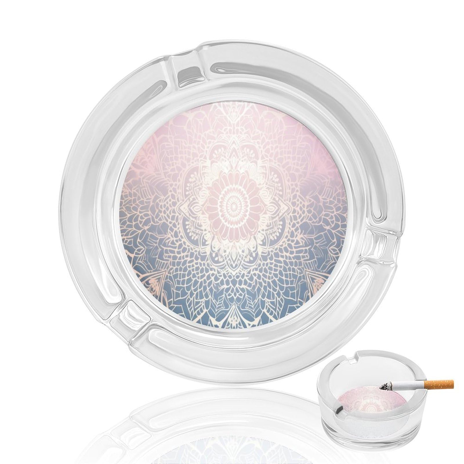 Colorful Mandala Pattern284 Glass Ashtray 3.3 Inch Round Cigarette Ash Holder with 4 Grooves for Home Office Outdoor One Size