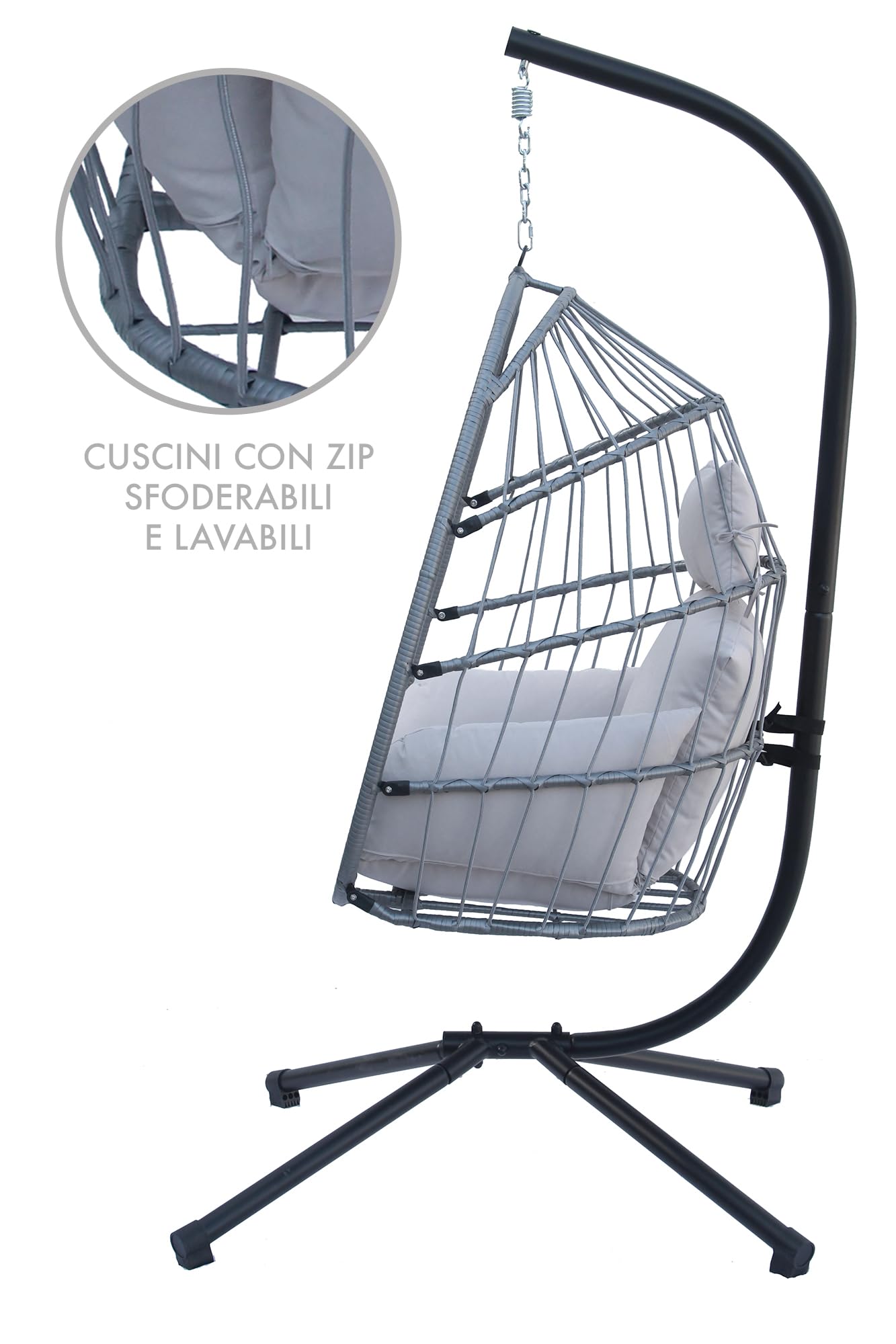 Sedia A Dondolo Poltrona Pensile Sospesa In Rattan Struttura In Acciaio Cuscini Sfoderabili Ovetto Richiudibile Altalena Giardino Casa Struttura Inclusa - Grigio chiaro