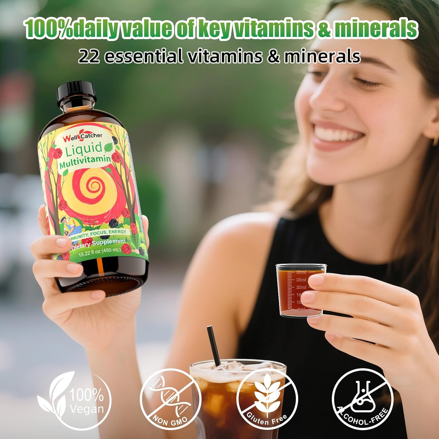 Liquid Multivitamins for Women Men: Daily Multi Vitamins Mineral Supplements for Adults Kids Support Health Immune Focus Energy Hair Growth Bones, Liquid Vitamins High Absorption with Measuring Cup