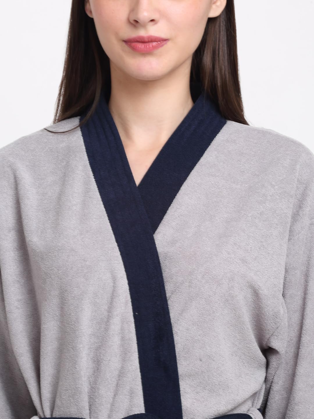 CREEVA Everyday Unisex Micro Terry Bathrobe Collection With kimono collar and 1 Pocket, 3/4 Sleeve Bath Robe Super Soft Light Weight - Grey & Navy - Image 5 thumbnail
