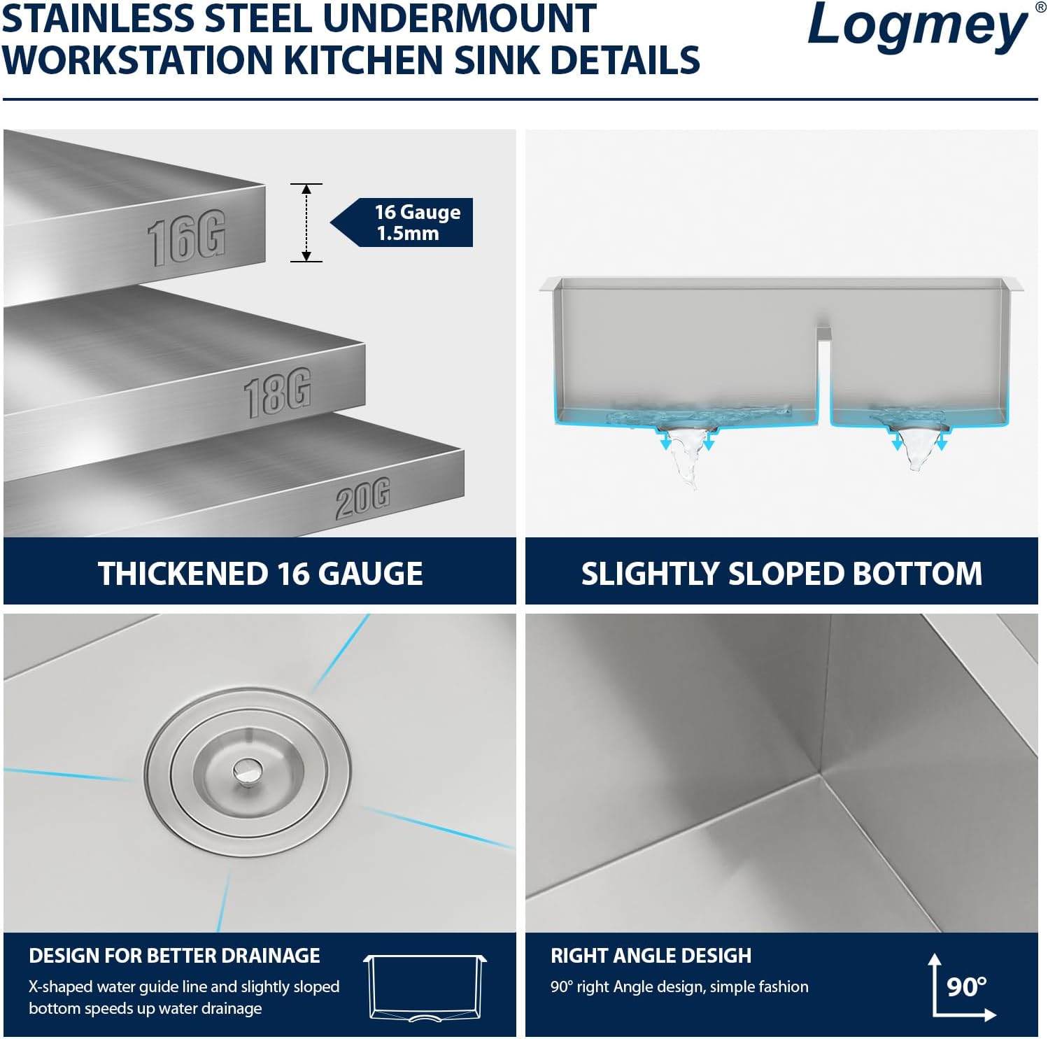 Logmey 33 Inch Double Bowl Kitchen Sink 60/40 Undermount Sinks 33x19 Workstation Sink 304 16 Gauge Stainless Steel Low Divide 2 Bowl Sinks 33x19x9