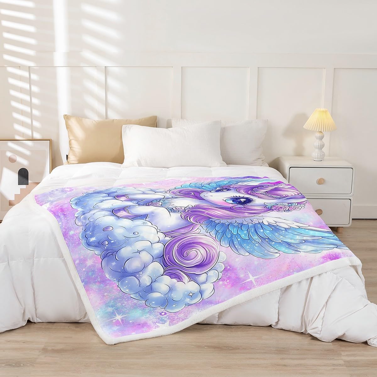 Unicorn Girls Fleece Flannel Blanket,Purple Unicorn Flowers Bed Blanket for Bed Sofa Couch,90"x90"Glitter Print Galaxy Sky Bed Plush Blanket,Dreamy Unicorn Wing Lightweight Blanket