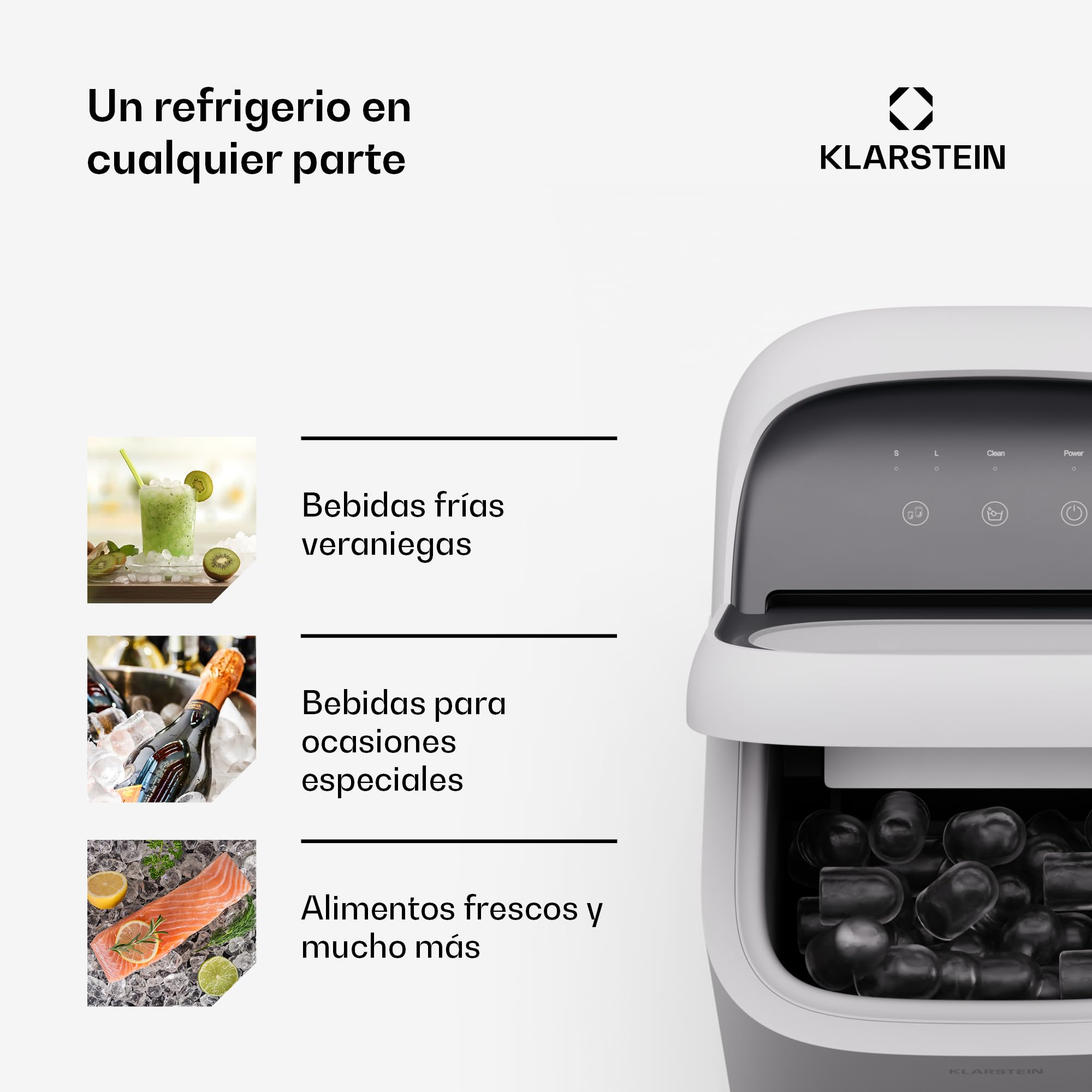 Klarstein SparkIce Máquina de hielo - 15 kg/día, 6 minutos, 2 tamaños de cubitos, panel táctil, limpieza automática, para casa y bar, incluye pala, blanco