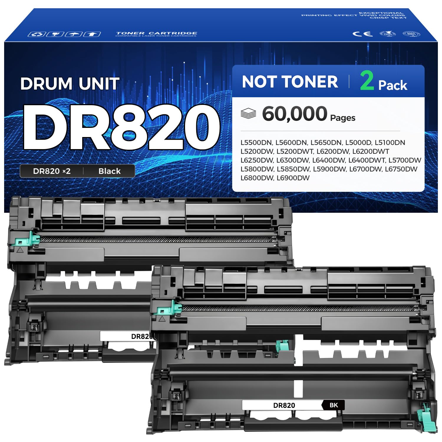 DR820 Drum Unit (Not Toner) 2-Pack Printer Replacement for Brother DR-820 Imaging Drum Compatible for HL-L6200DW L6200DWT L5200DW L5100DN L5000D L6400DW MFC-L5800DW L5700DW L6700DW L6800DW DCP-L5600DN