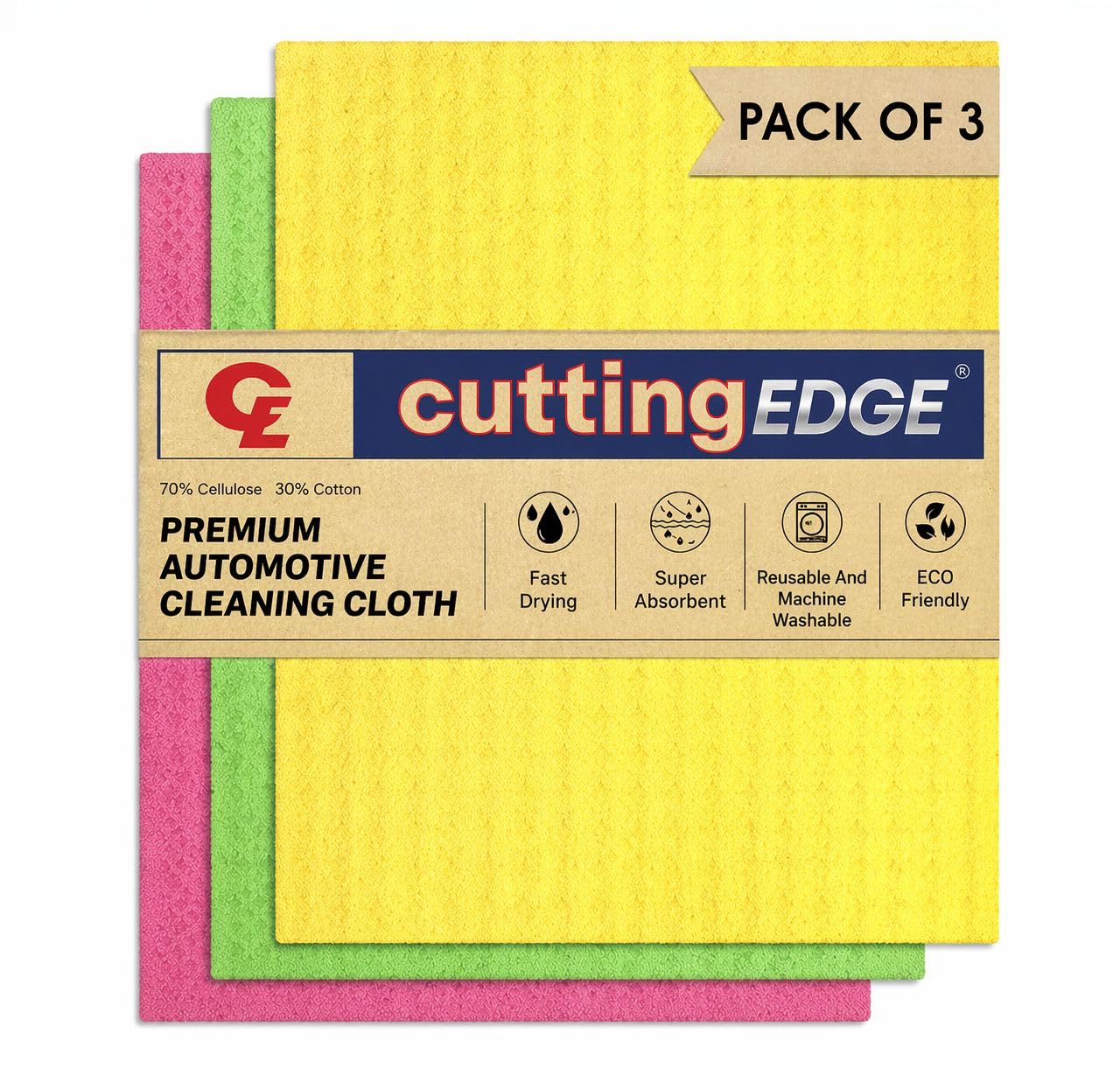 Cutting EDGE Biodegradable Cellulose Sponge Wipes – 3 Pack | High Absorbent, Streak-Free Car Cleaning Wipes (Multicolor)-image-30