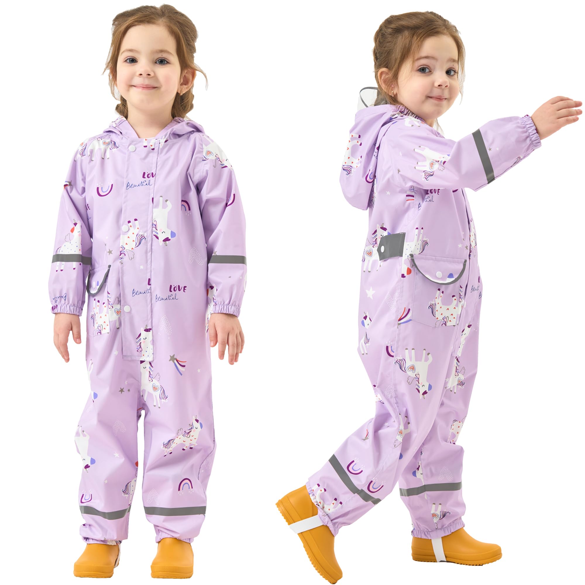 Fewlby Chubasquero Niñas Traje Impermeable, Chaqueta de Lluvia Poncho con Capucha Niños Traje de Lluvia Abrigos Impermeables Reutilizable Mono Impermeable 1-10 Años
